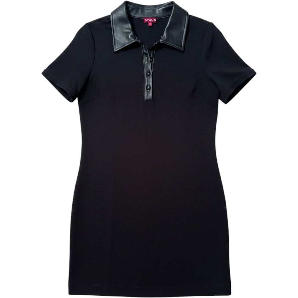 Staud Dress M Black Faux Leather Collar Short Sleeve Mini Shift Dark Academia